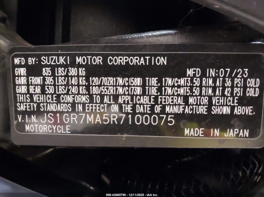 2024 Suzuki Gsx-R750 VIN: JS1GR7MA5R7100075 Lot: 43865796