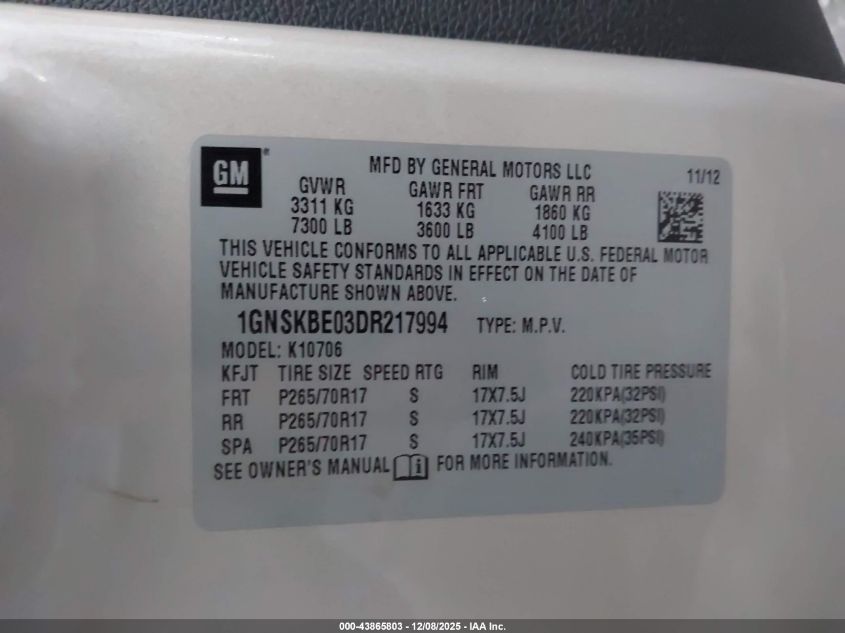 2013 Chevrolet Tahoe Lt VIN: 1GNSKBE03DR217994 Lot: 43865803