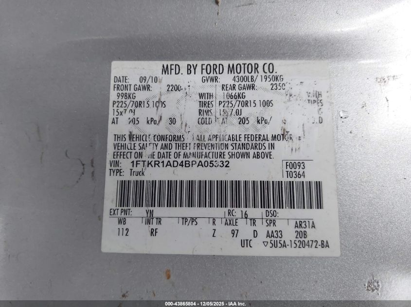 2011 Ford Ranger Xl VIN: 1FTKR1AD4BPA05332 Lot: 43865804