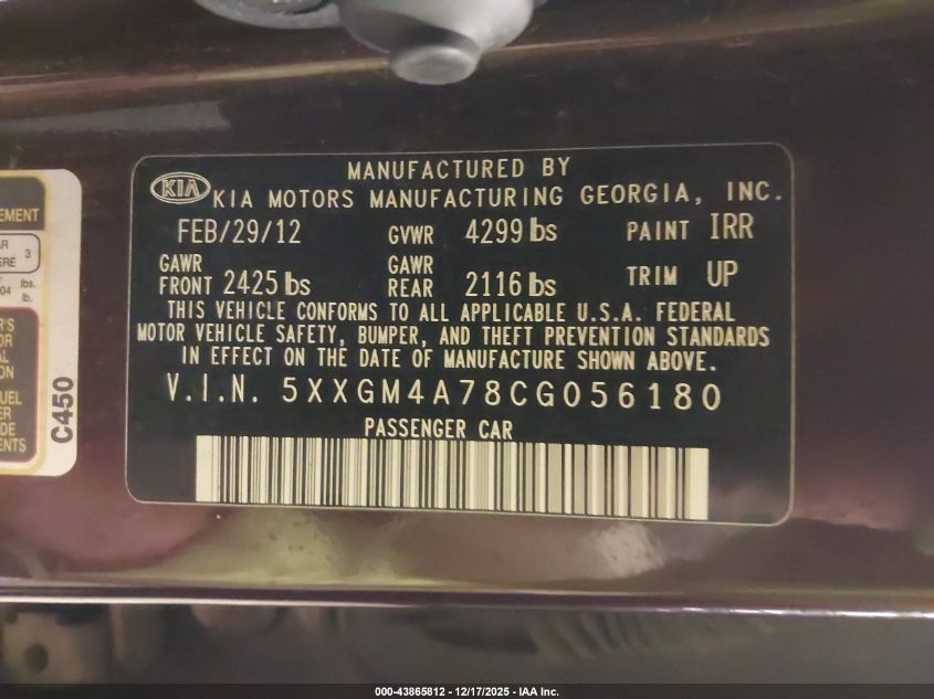 2012 Kia Optima Lx VIN: 5XXGM4A78CG056180 Lot: 43865812