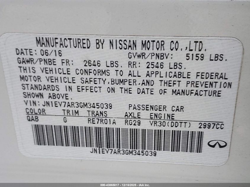 2016 Infiniti Q50 3.0T Premium VIN: JN1EV7AR3GM345039 Lot: 43865817