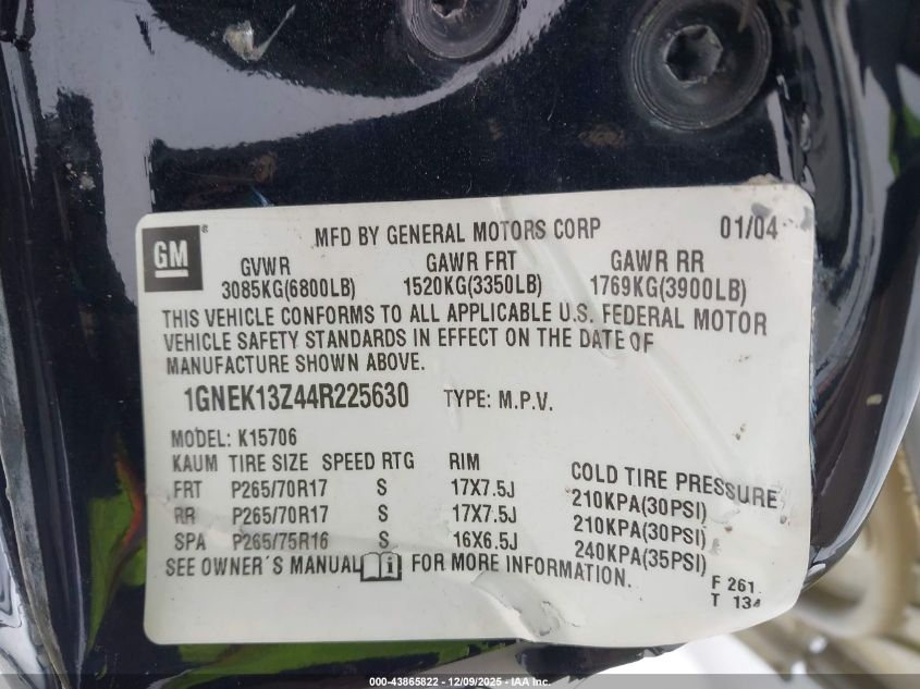 2004 Chevrolet Tahoe Z71 VIN: 1GNEK13Z44R225630 Lot: 43865822