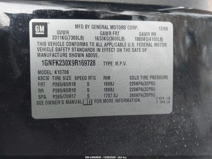 2009 Chevrolet Tahoe Lt2 VIN: 1GNFK230X9R169728 Lot: 43865845
