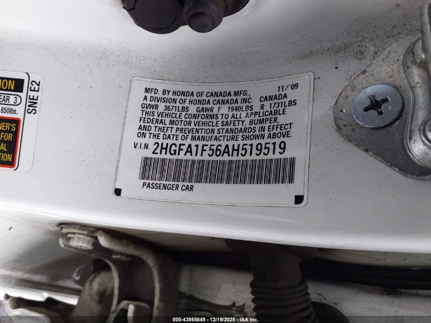 2010 Honda Civic Lx VIN: 2HGFA1F56AH519519 Lot: 43865849