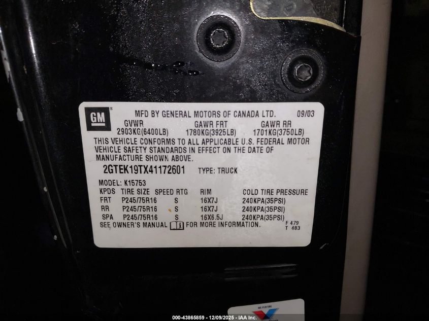 2004 GMC Sierra 1500 Sle VIN: 2GTEK19TX41172601 Lot: 43865859