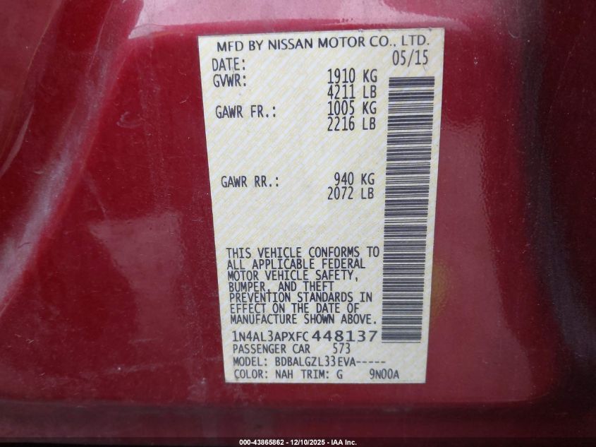 2015 Nissan Altima 2.5/2.5 S/2.5 Sl/2.5 Sv VIN: 1N4AL3APXFC448137 Lot: 43865862