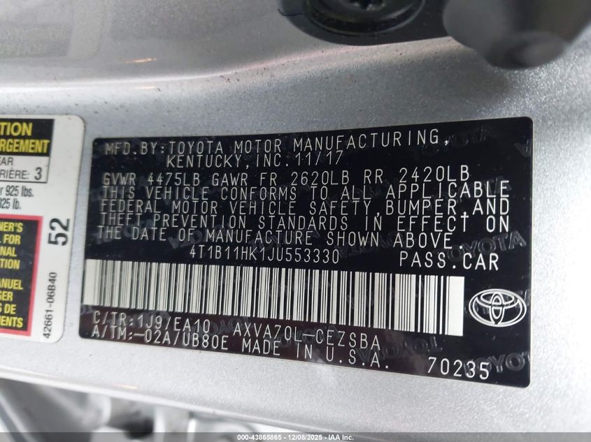 2018 Toyota Camry Se VIN: 4T1B11HK1JU553330 Lot: 43865865