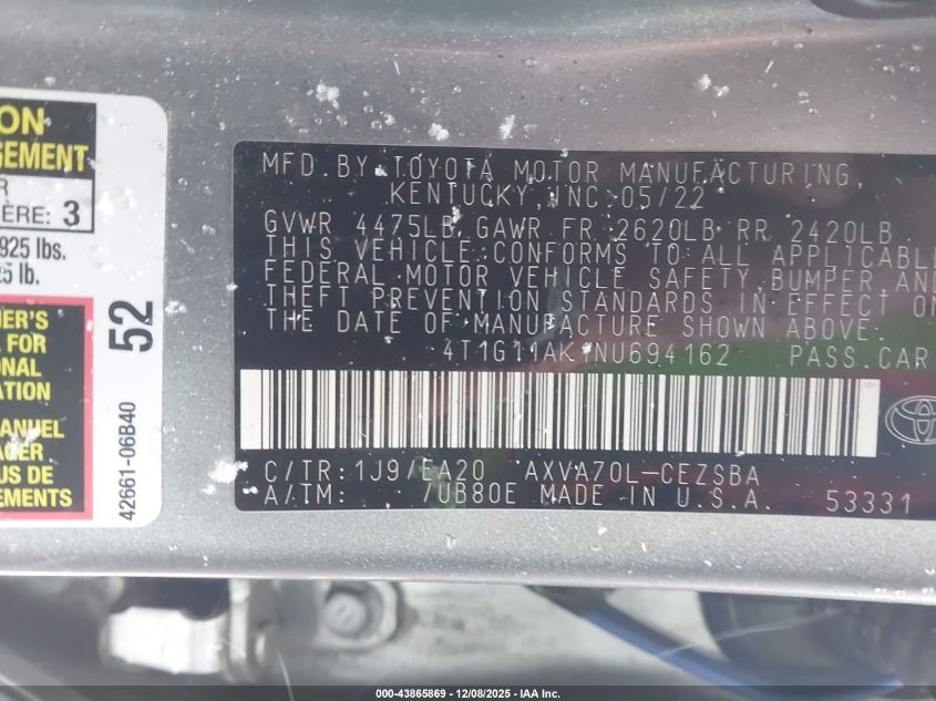 2022 Toyota Camry Se VIN: 4T1G11AK1NU694162 Lot: 43865869