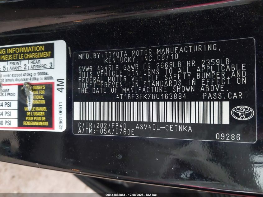 2011 Toyota Camry Le VIN: 4T1BF3EK7BU163884 Lot: 43865884