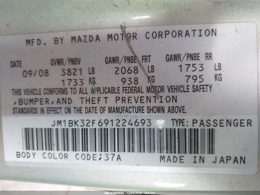 2009 Mazda Mazda3 I VIN: JM1BK32F691224693 Lot: 43865888