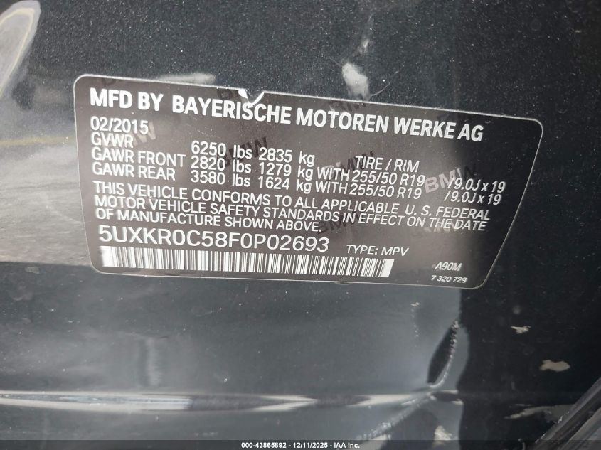 2015 BMW X5 xDrive35I VIN: 5UXKR0C58F0P02693 Lot: 43865892