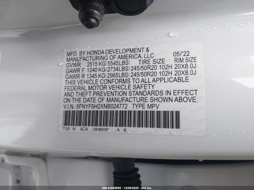 2022 Honda Pilot 2Wd Special Edition VIN: 5FNYF5H2XNB024772 Lot: 43865895