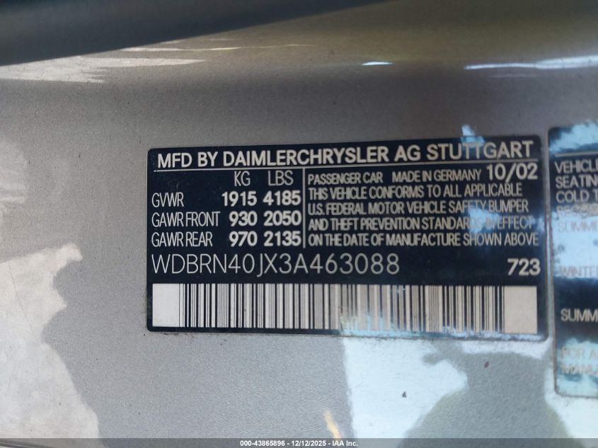 2003 Mercedes-Benz C 230 Kompressor Sport VIN: WDBRN40JX3A463088 Lot: 43865896