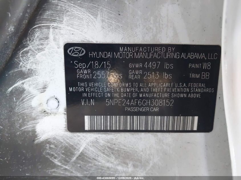 2016 Hyundai Sonata Se VIN: 5NPE24AF6GH308152 Lot: 43865899