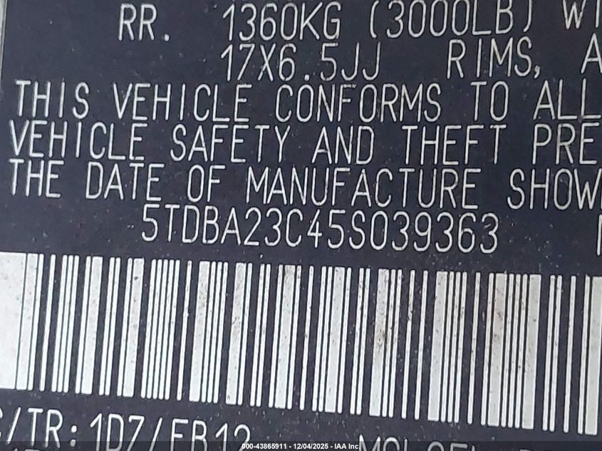 2005 Toyota Sienna Le VIN: 5TDBA23C45S039363 Lot: 43865911