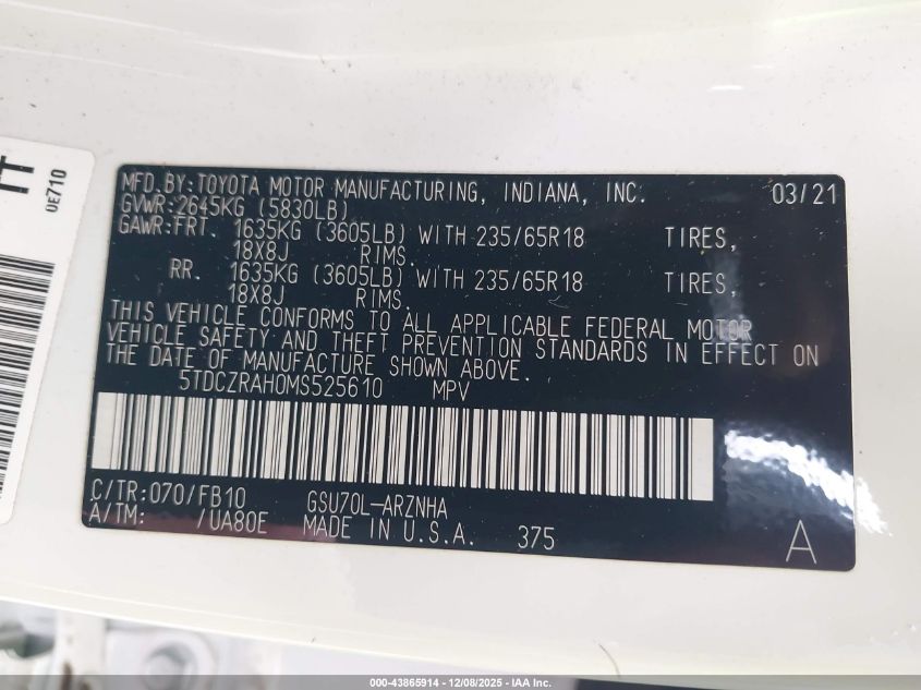 2021 Toyota Highlander L VIN: 5TDCZRAH0MS525610 Lot: 43865914