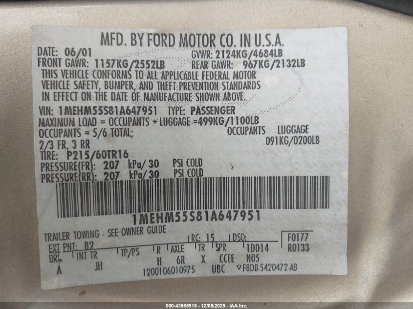 2001 Mercury Sable Ls Premium VIN: 1MEHM55S81A647951 Lot: 43865915