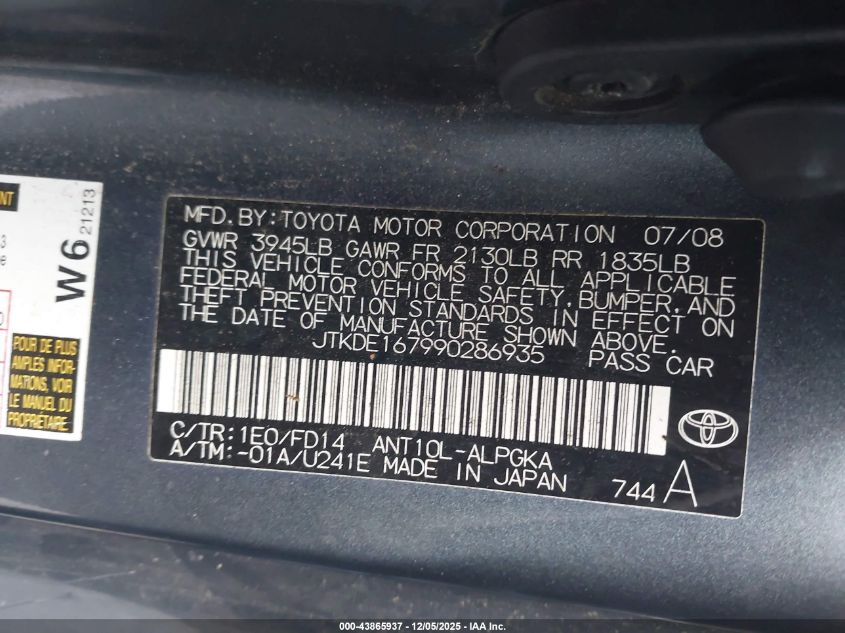 2009 Scion Tc VIN: JTKDE167990286935 Lot: 43865937