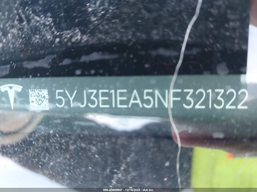 2022 Tesla Model 3 Rear-Wheel Drive VIN: 5YJ3E1EA5NF321322 Lot: 43865947