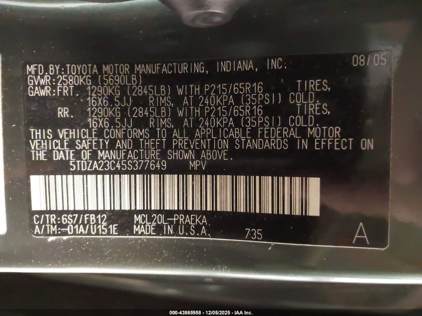 2005 Toyota Sienna Le VIN: 5TDZA23C45S377649 Lot: 43865958