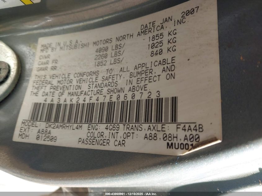 2007 Mitsubishi Eclipse Gs VIN: 4A3AK24F47E060723 Lot: 43865961