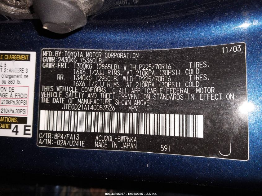 2004 Toyota Highlander VIN: JTEGD21A140083526 Lot: 43865967