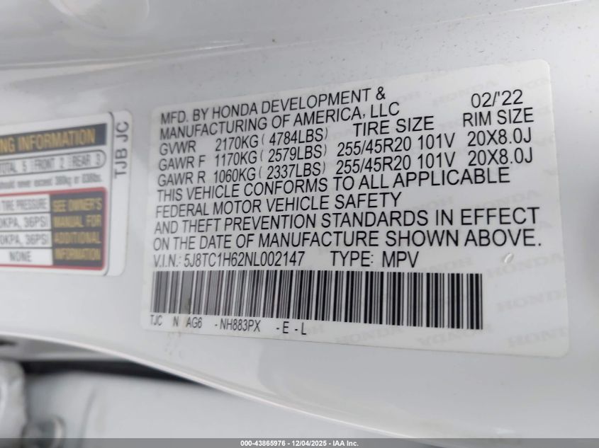 2022 Acura Rdx A-Spec Package VIN: 5J8TC1H62NL002147 Lot: 43865976