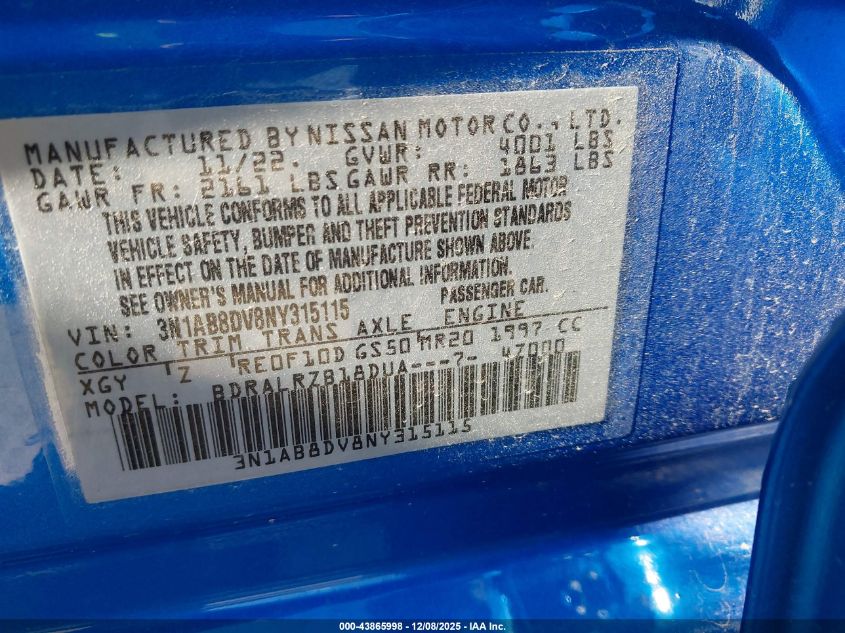 2022 Nissan Sentra Sr Xtronic Cvt VIN: 3N1AB8DV8NY315115 Lot: 43865998