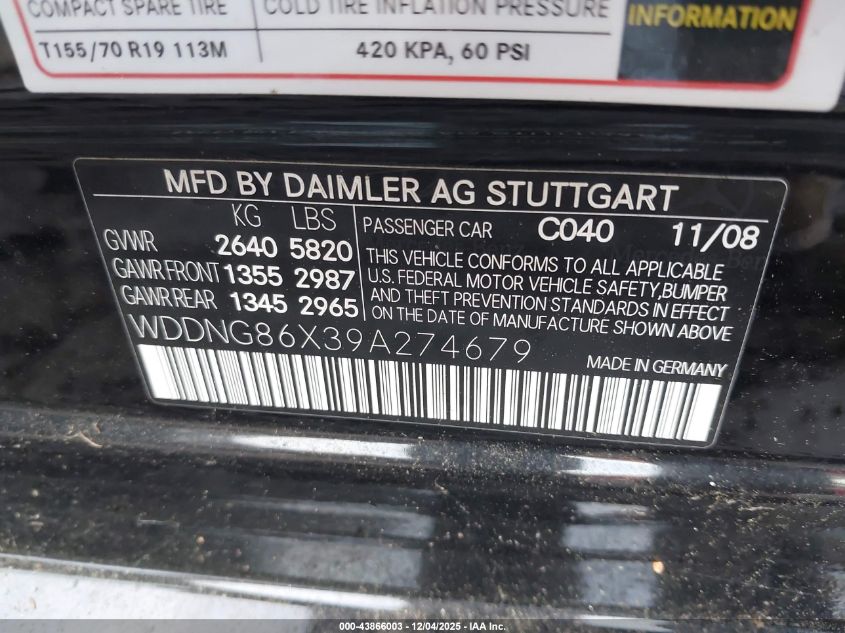 2009 Mercedes-Benz S 550 4Matic VIN: WDDNG86X39A274679 Lot: 43866003