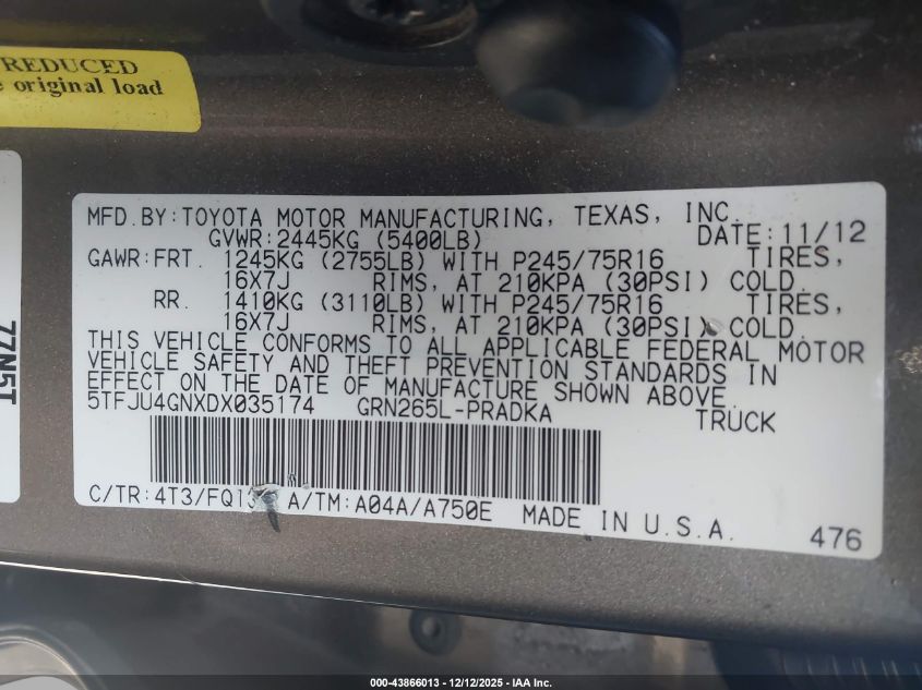 2013 Toyota Tacoma Prerunner V6 VIN: 5TFJU4GNXDX035174 Lot: 43866013