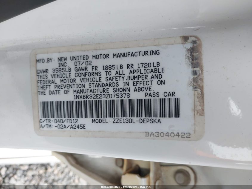 2003 Toyota Corolla S VIN: 1NXBR32E23Z075378 Lot: 43866025