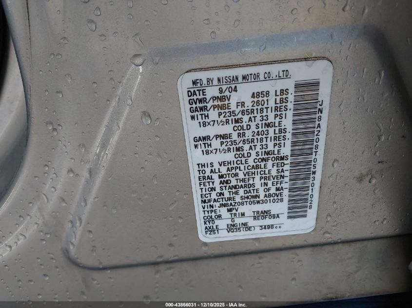 2005 Nissan Murano Sl VIN: JN8AZ08T05W301028 Lot: 43866031