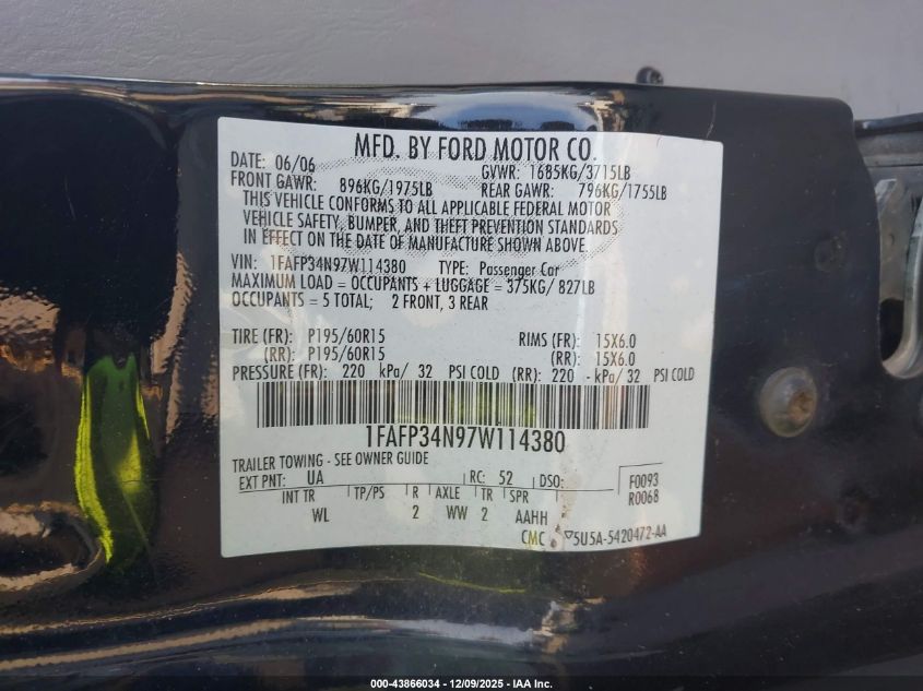 2007 Ford Focus S/Se/Ses VIN: 1FAFP34N97W114380 Lot: 43866034