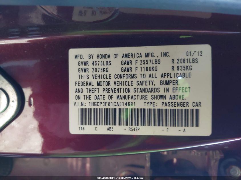 2012 Honda Accord 3.5 Ex-L VIN: 1HGCP3F81CA014691 Lot: 43866041