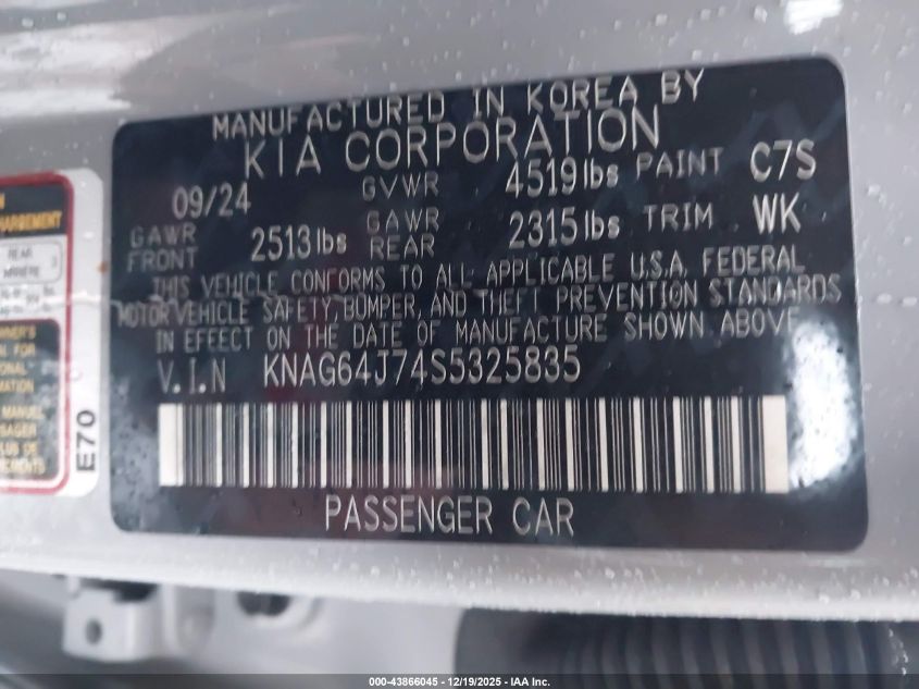 2025 Kia K5 Gt-Line VIN: KNAG64J74S5325835 Lot: 43866045
