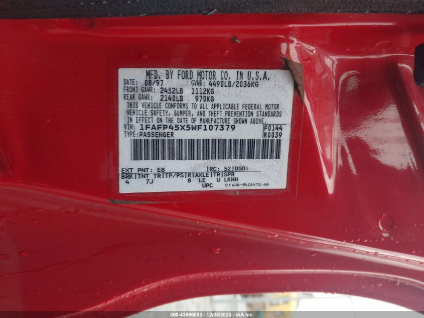 1998 Ford Mustang Gt VIN: 1FAFP45X5WF107379 Lot: 43866053