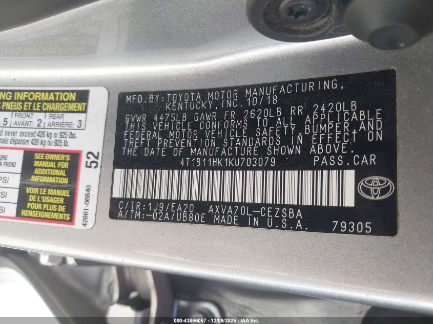 2019 Toyota Camry Se VIN: 4T1B11HK1KU703079 Lot: 43866057