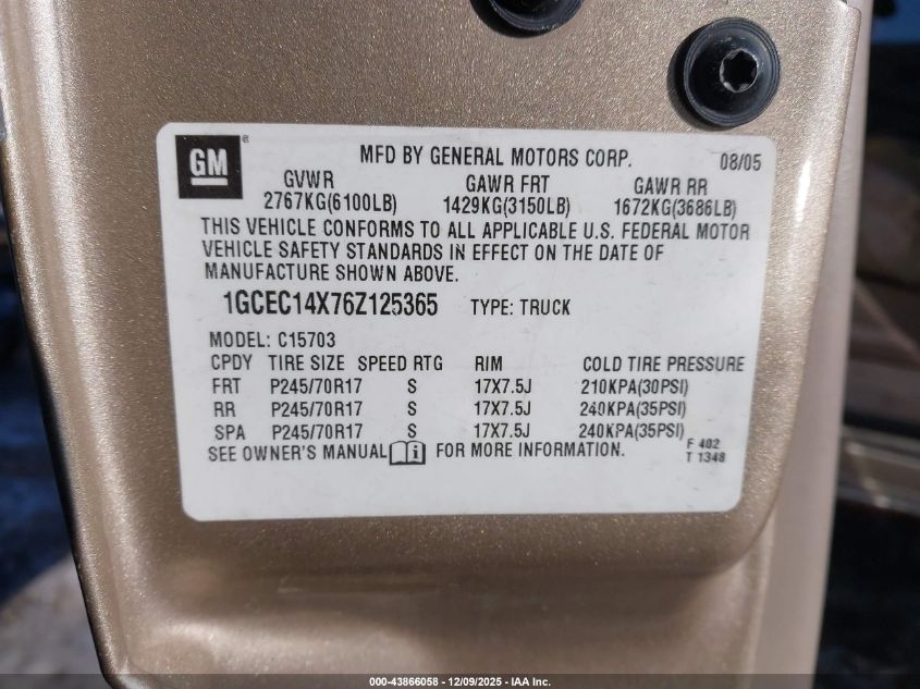 2006 Chevrolet Silverado 1500 Work Truck VIN: 1GCEC14X76Z125365 Lot: 43866058