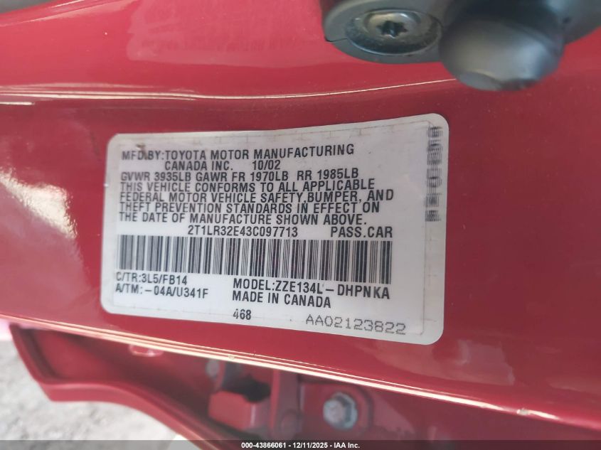 2003 Toyota Matrix Xr VIN: 2T1LR32E43C097713 Lot: 43866061