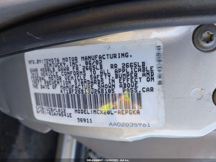 2003 Toyota Avalon Xls VIN: 4T1BF28B13U268105 Lot: 43866067