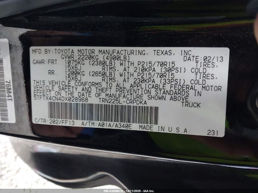 2013 Toyota Tacoma VIN: 5TFTX4CN4DX028968 Lot: 43866076