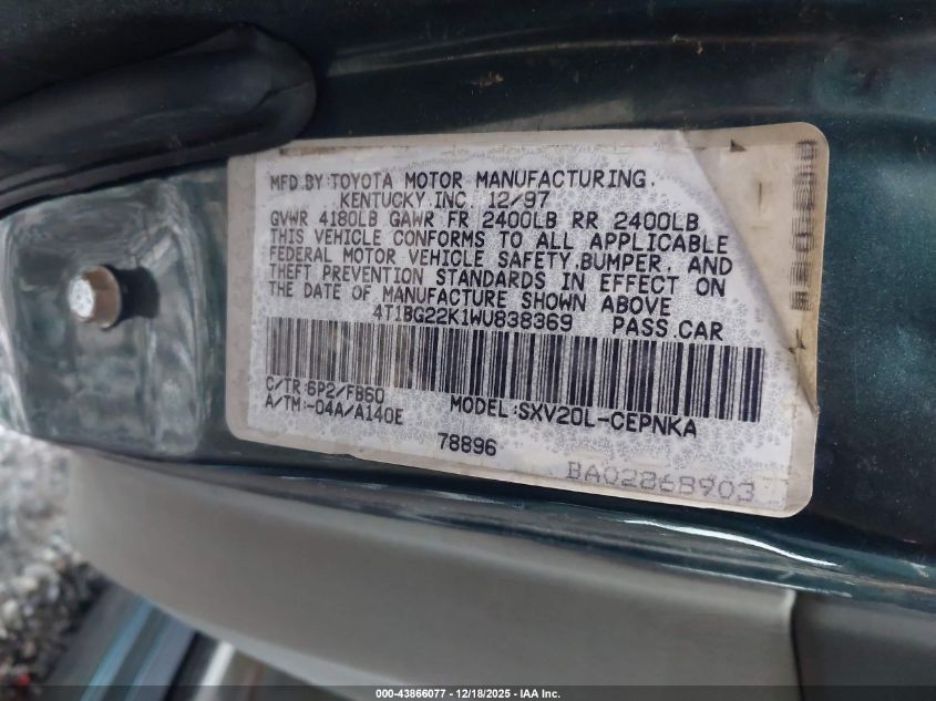 1998 Toyota Camry Le VIN: 4T1BG22K1WU838369 Lot: 43866077