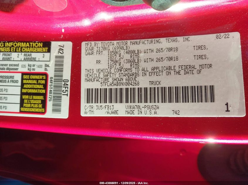 2022 Toyota Tundra Sr5 VIN: 5TFLA5AB8NX004268 Lot: 43866091