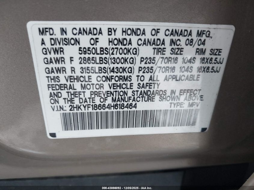 2004 Honda Pilot Ex-L VIN: 2HKYF18664H618464 Lot: 43866092