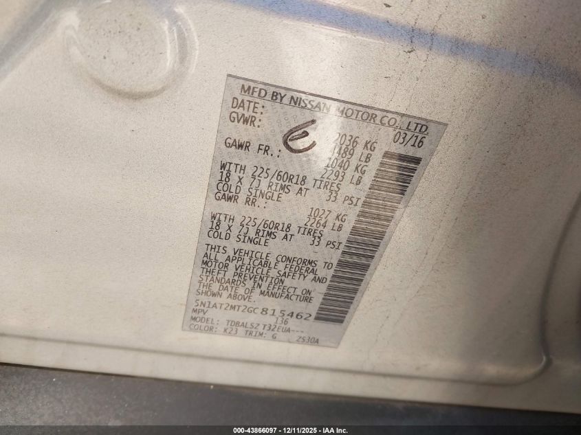 2016 Nissan Rogue Sl VIN: 5N1AT2MT2GC815462 Lot: 43866097