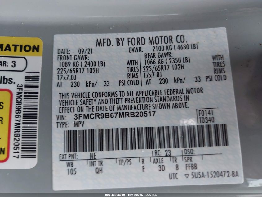 2021 Ford Bronco Sport Big Bend VIN: 3FMCR9B67MRB20517 Lot: 43866099