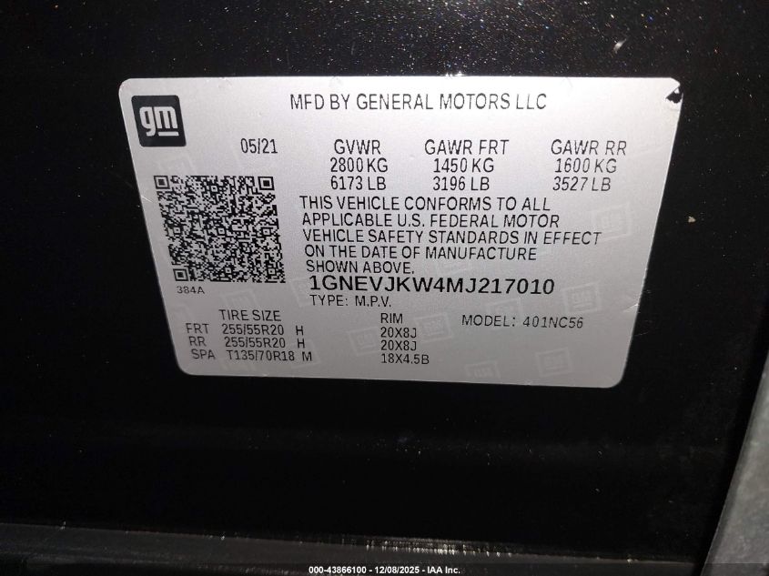 2021 Chevrolet Traverse Awd Rs VIN: 1GNEVJKW4MJ217010 Lot: 43866100