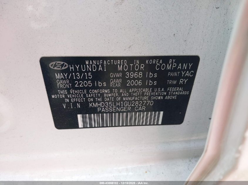 2016 Hyundai Elantra Gt VIN: KMHD35LH1GU282770 Lot: 43866102