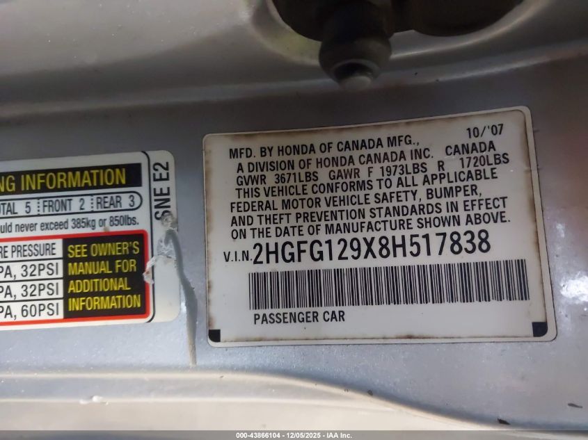 2008 Honda Civic Ex-L VIN: 2HGFG129X8H517838 Lot: 43866104