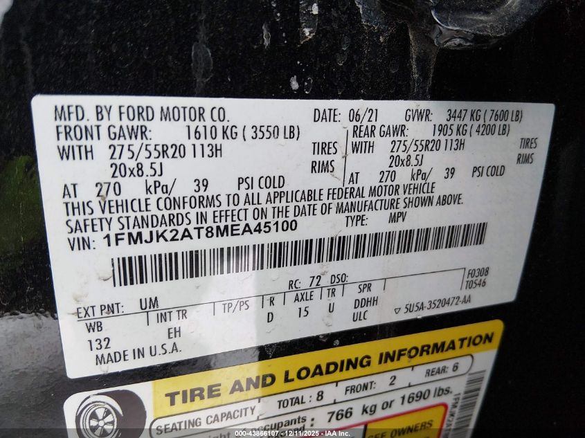 2021 Ford Expedition Limited Max VIN: 1FMJK2AT8MEA45100 Lot: 43866107